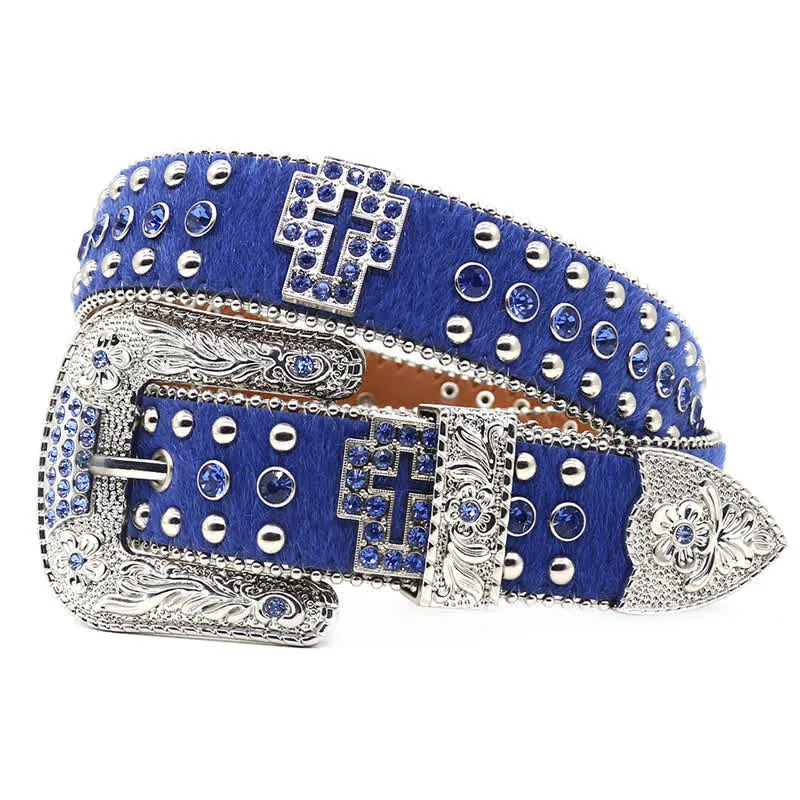 Cross Rivet Studded Bling Rhinestone Leather Belt