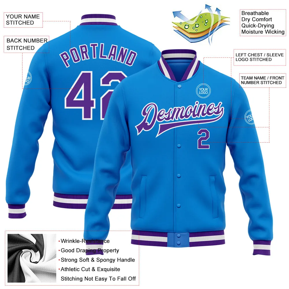 Custom Powder Blue Purple-White Bomber Full-Snap Varsity Letterman Jacket