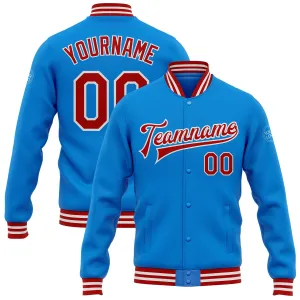 Custom Powder Blue Red-White Bomber Full-Snap Varsity Letterman Jacket