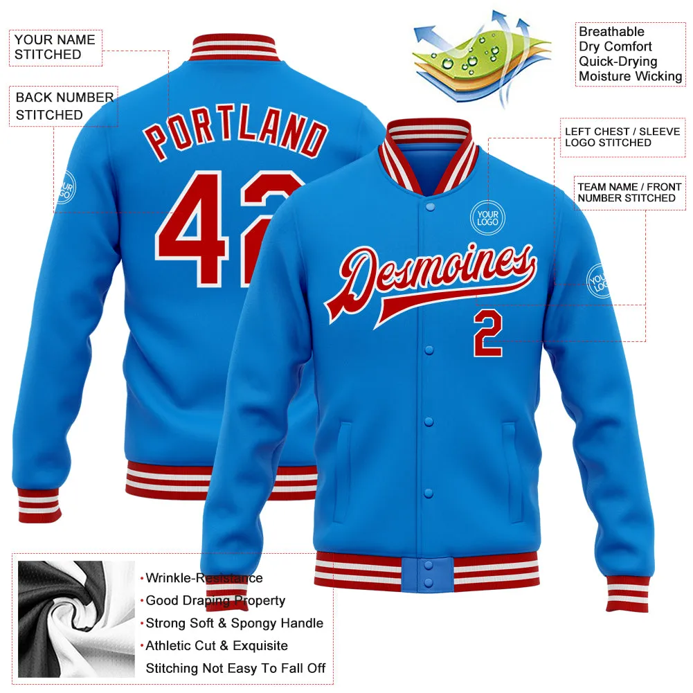 Custom Powder Blue Red-White Bomber Full-Snap Varsity Letterman Jacket