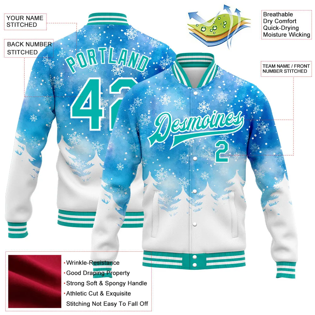 Custom Royal Aqua-White Watercolor Forest Winter Snow Landscape 3D Pattern Design Bomber Full-Snap Varsity Letterman Jacket