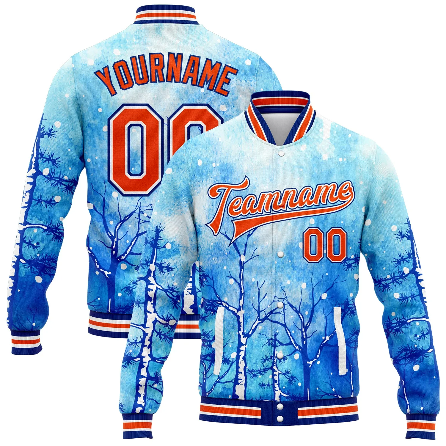 Custom Royal Orange-White Lovely Winter Landscape With Snowy Trees 3D Pattern Design Bomber Full-Snap Varsity Letterman Jacket