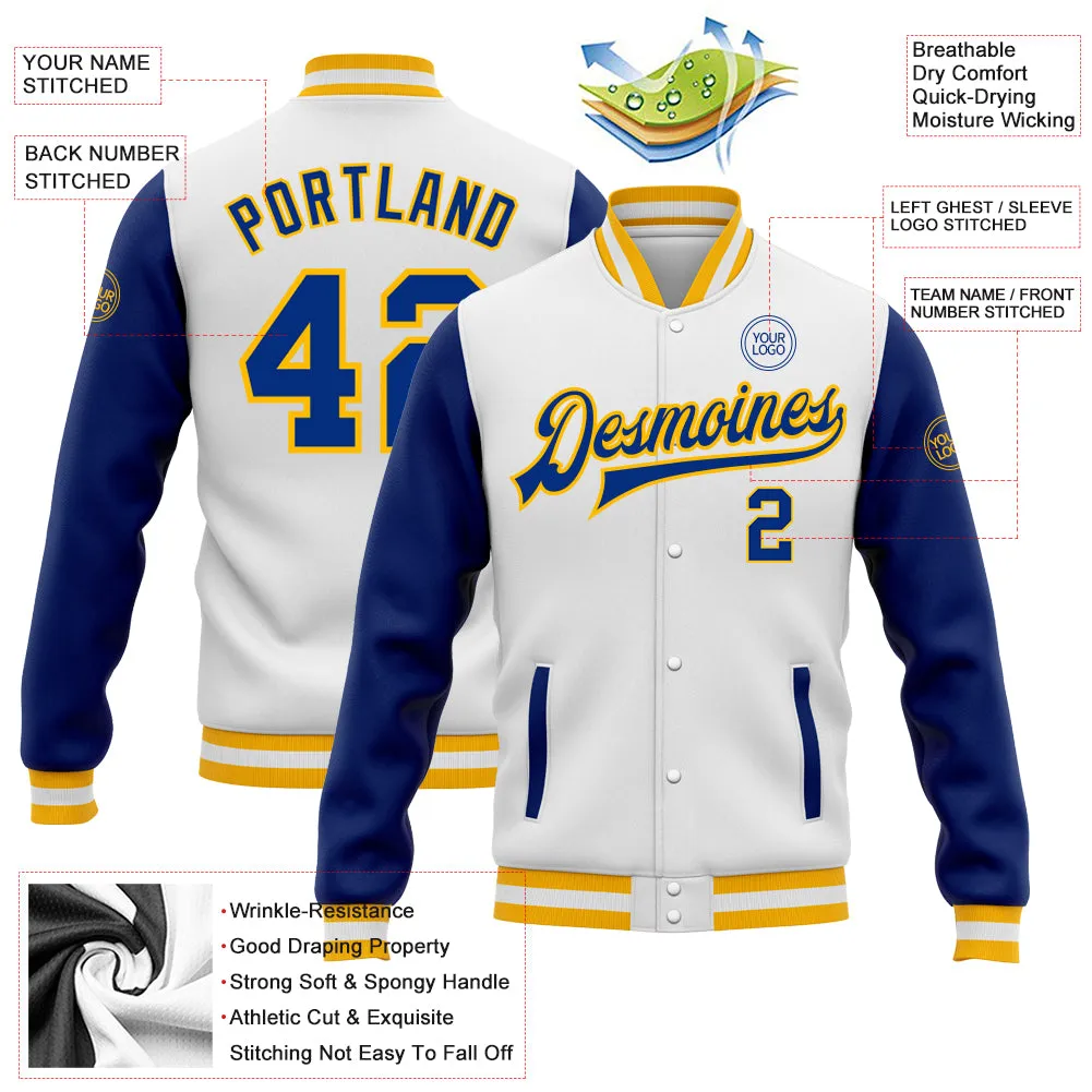 Custom White Royal-Gold Bomber Full-Snap Varsity Letterman Two Tone Jacket