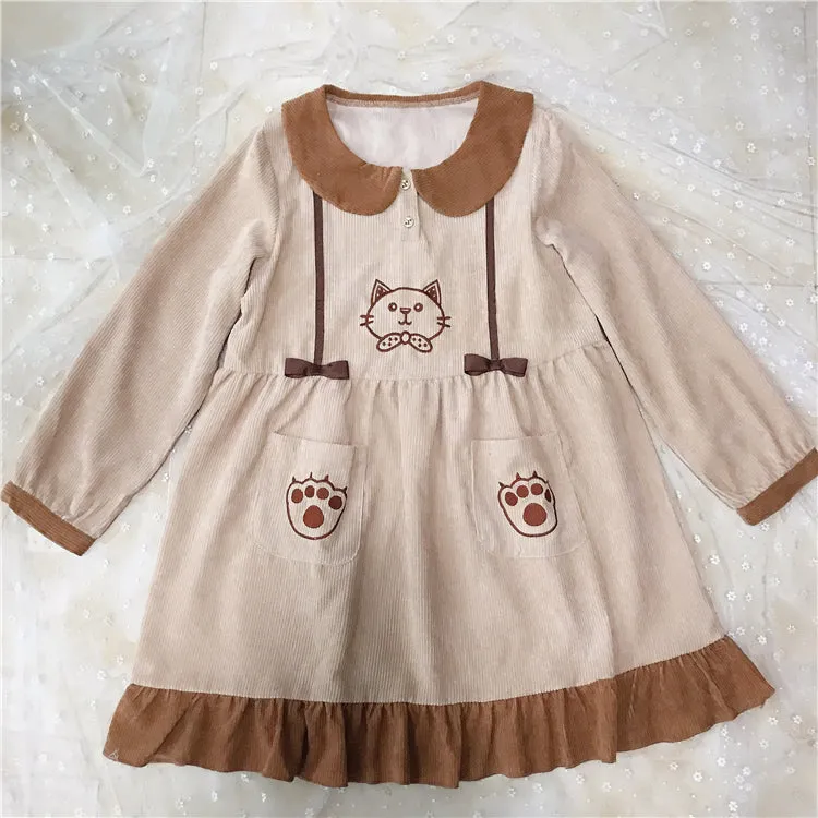 CUTE CAT EMBROIDERY CORDUROY DRESS BY71115