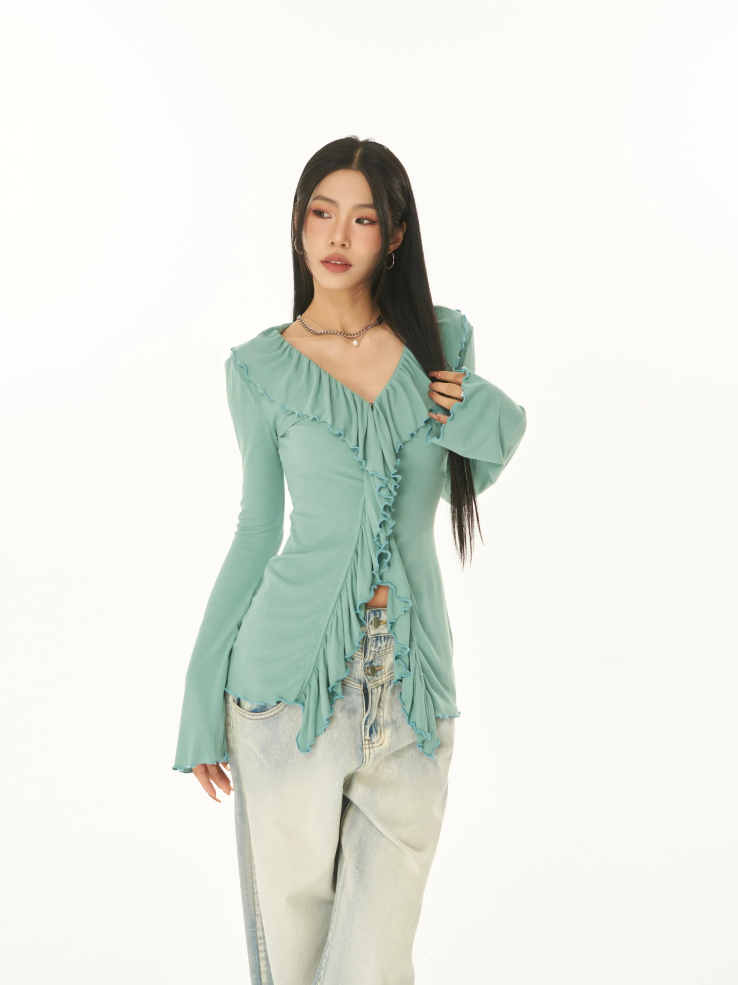 Danika Solid Color V-Neck Ruffle Front Split Long Sleeve Slim Top