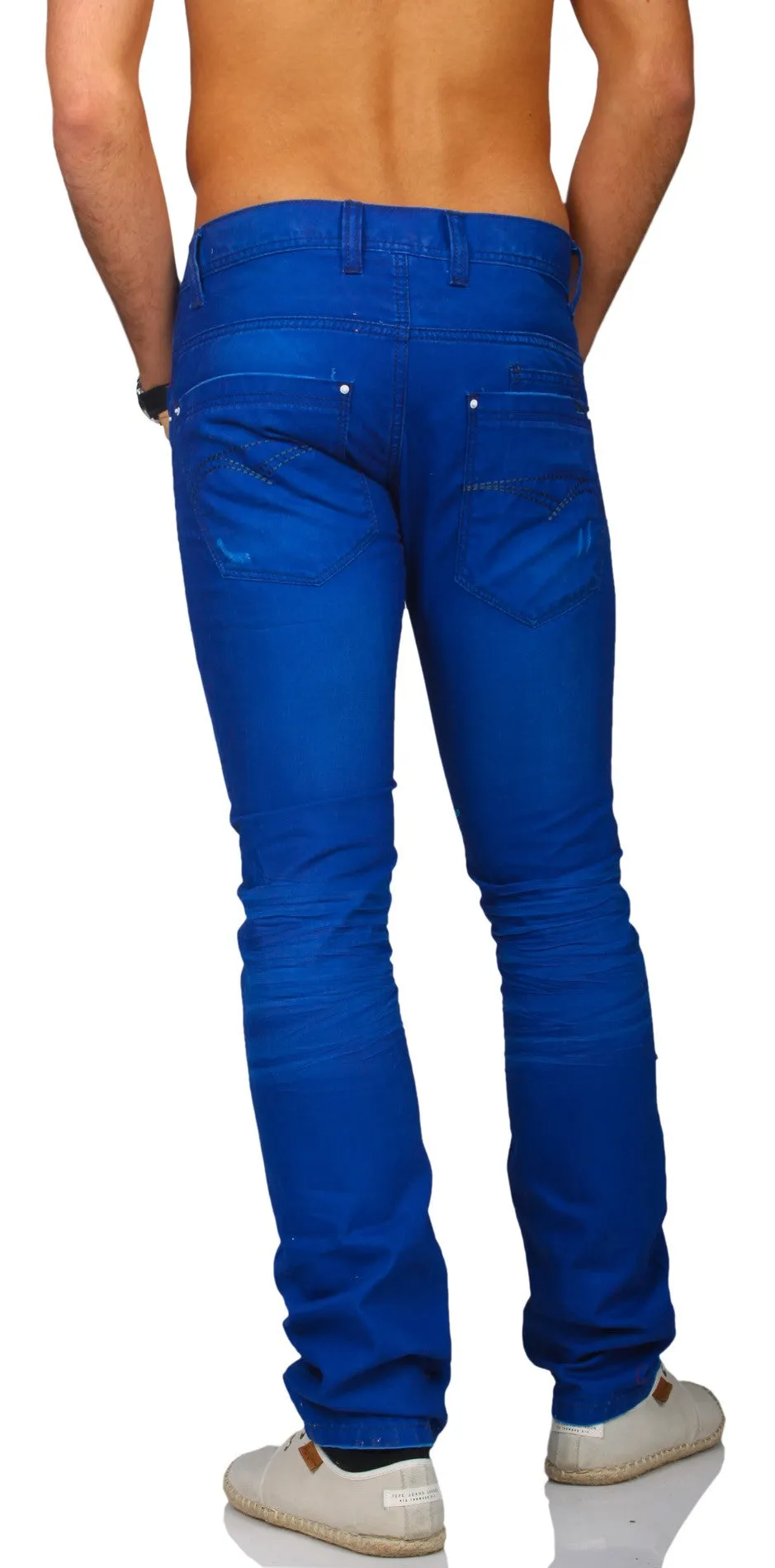 Distressed Faux Denim Chino  Trousers Pants - Blue