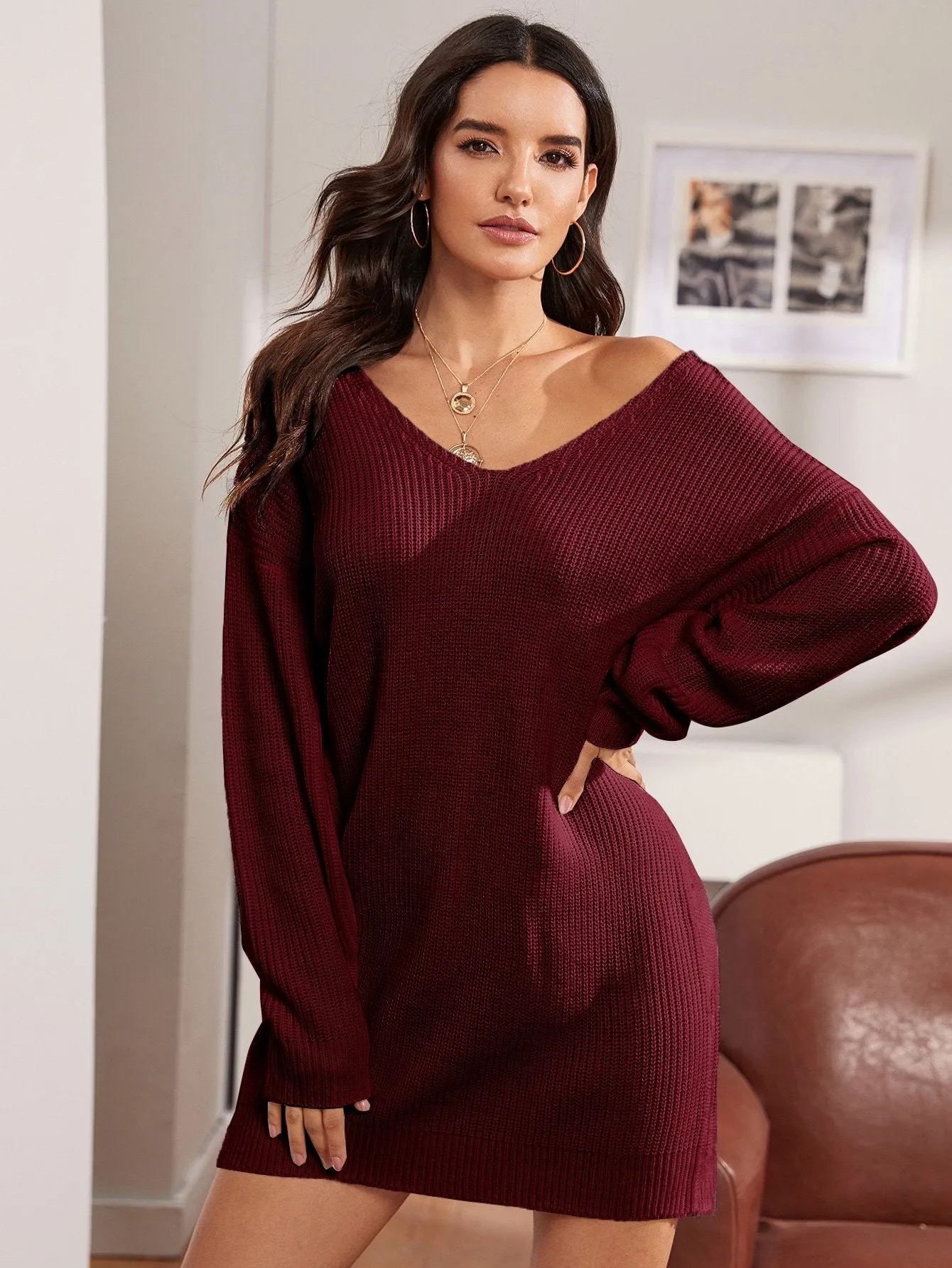 Drop Shoulder Twist V-back Jumper Dress