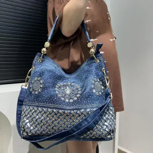 Elegant Denim Bucket Bag with Sparkling Rhinestone Detail - Large Capacity, Removable Strap, Zip Closure for Women