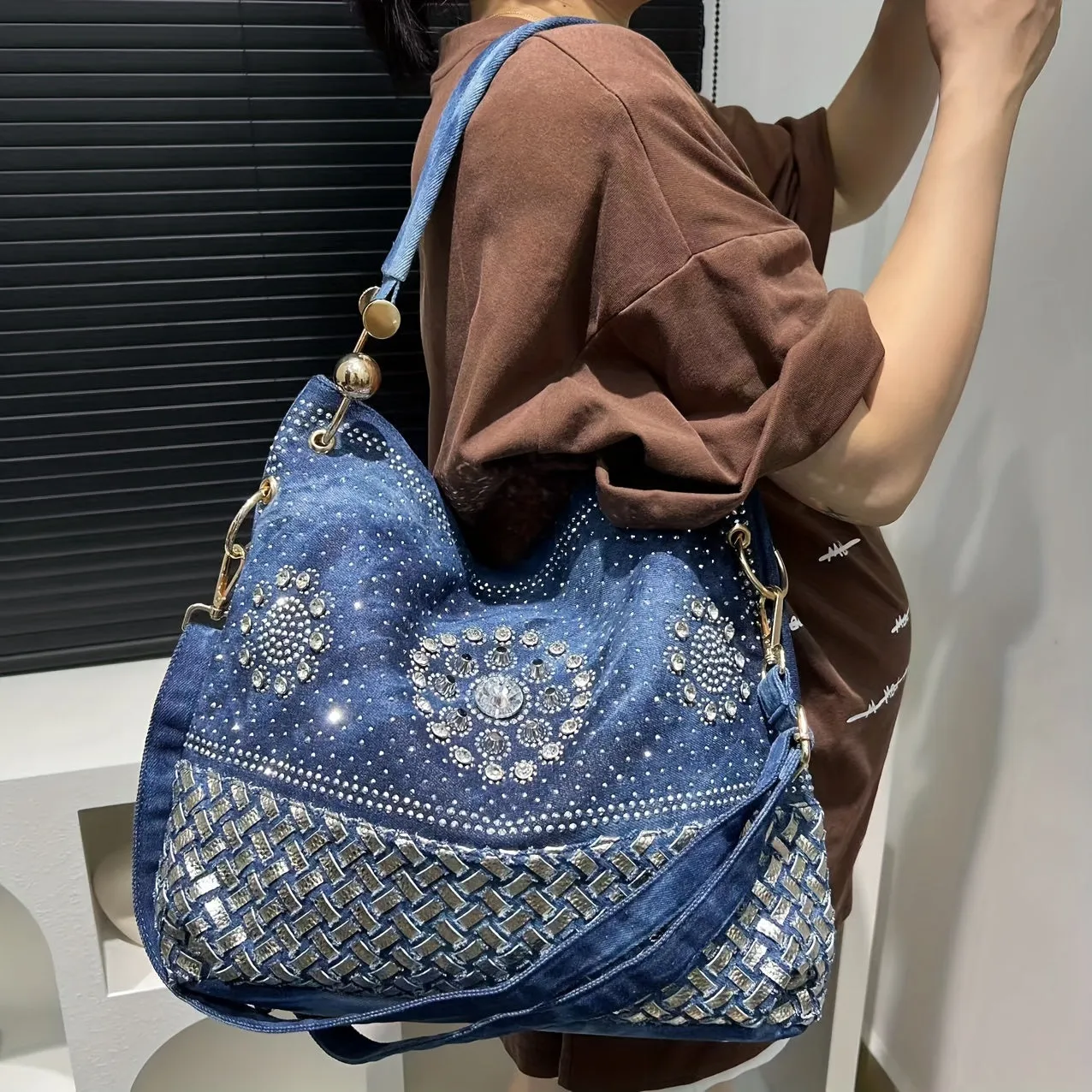 Elegant Denim Bucket Bag with Sparkling Rhinestone Detail - Large Capacity, Removable Strap, Zip Closure for Women