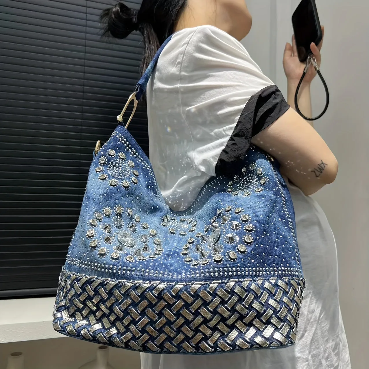 Elegant Denim Tote Bag with Sparkling Rhinestone Accents, Large Capacity, Detachable Strap - Chic Blue Shoulder & Crossbody Handbag for Women