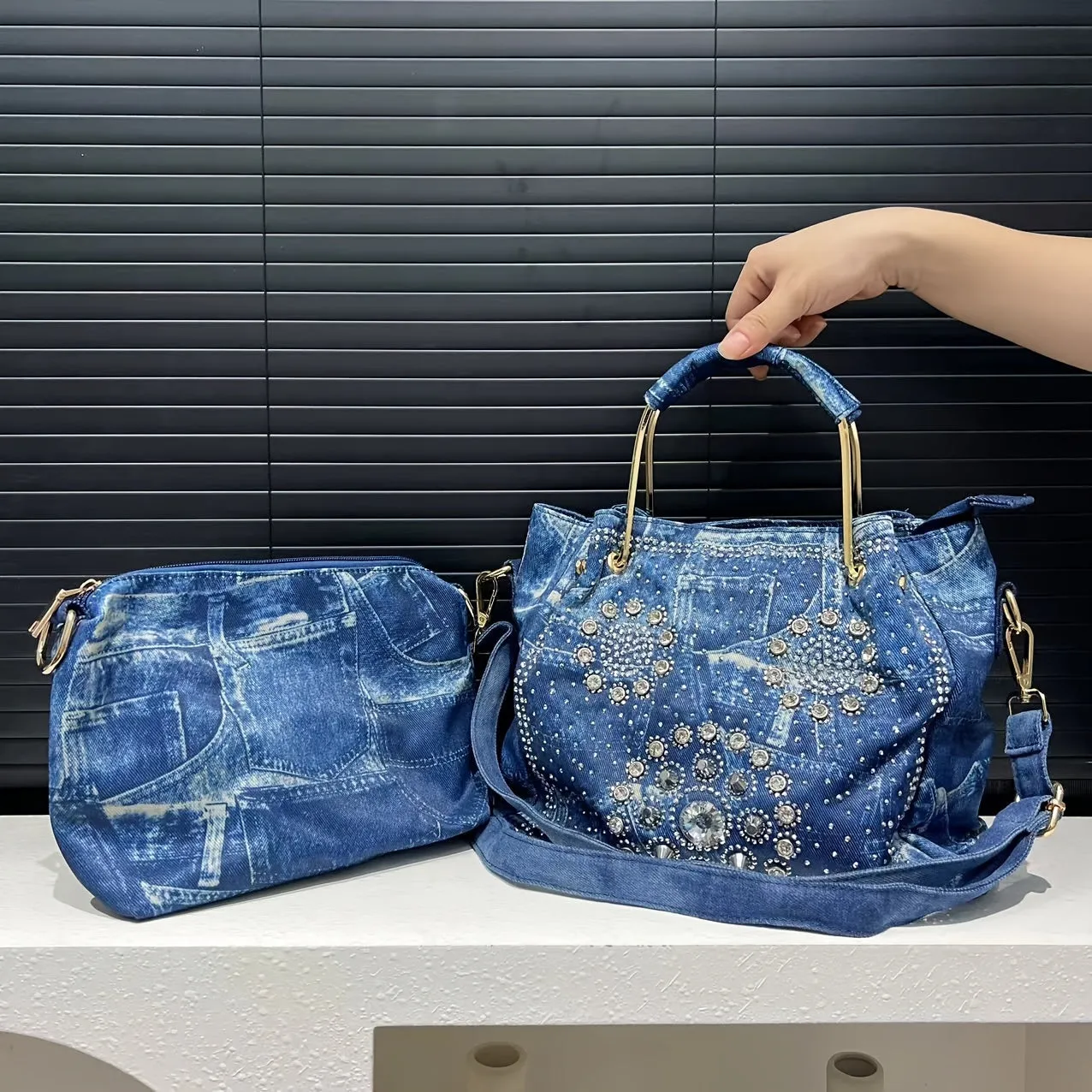 Elegant Denim Tote Bag with Sparkling Rhinestone Accents, Large Capacity Shoulder Handbag for Women - Detachable Strap