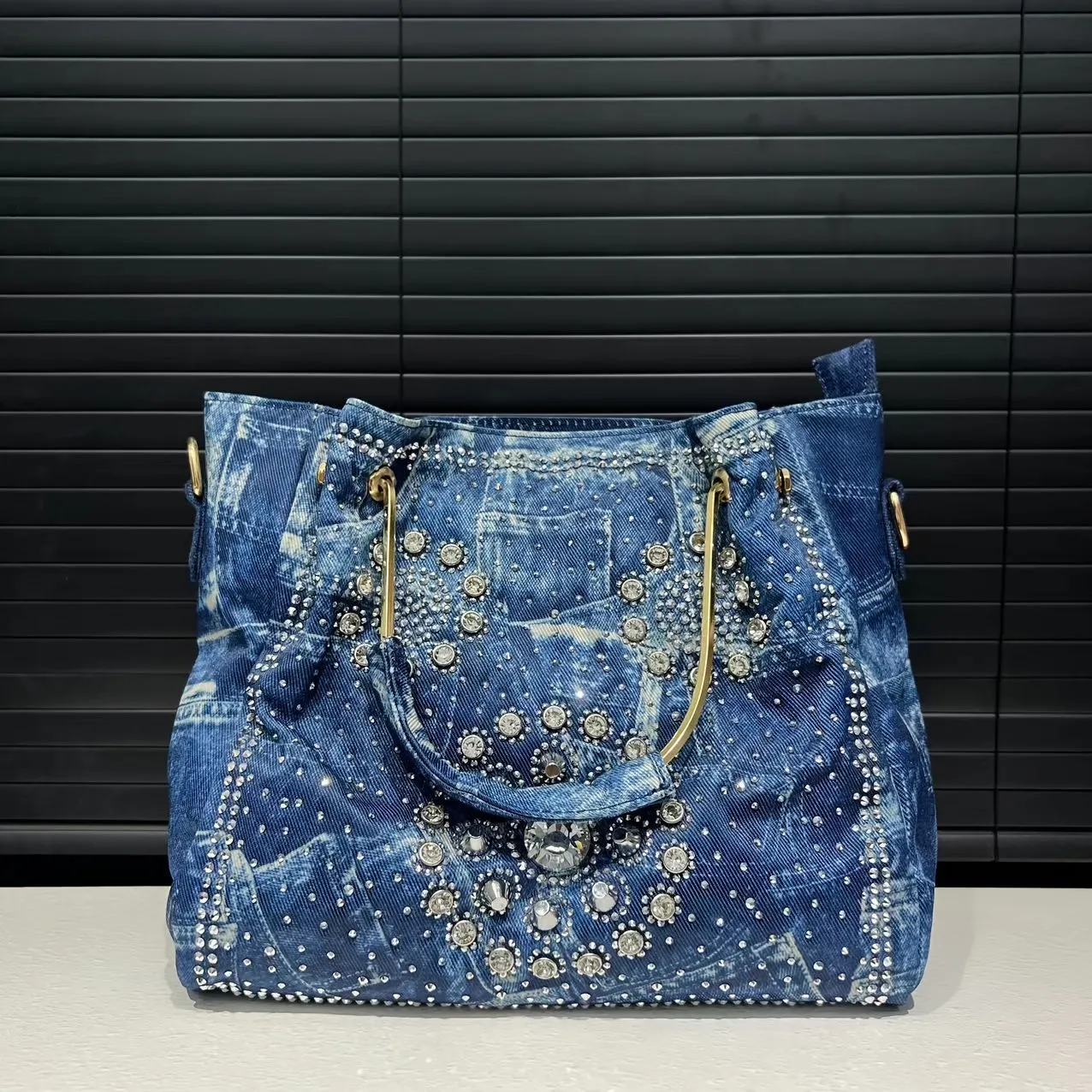 Elegant Denim Tote Bag with Sparkling Rhinestone Accents, Large Capacity Shoulder Handbag for Women - Detachable Strap