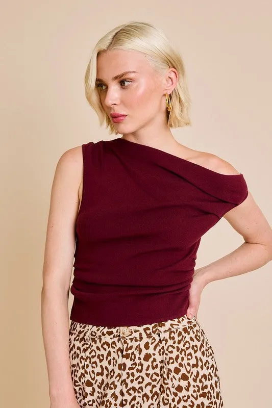 Ella Sleeveless Asymmetrical Neckline Top Burgundy