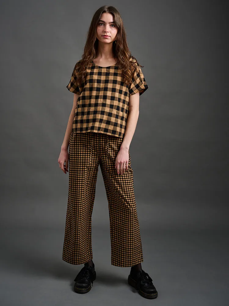 Emmy Drawstring Pant - Black and Tan Small Gingham