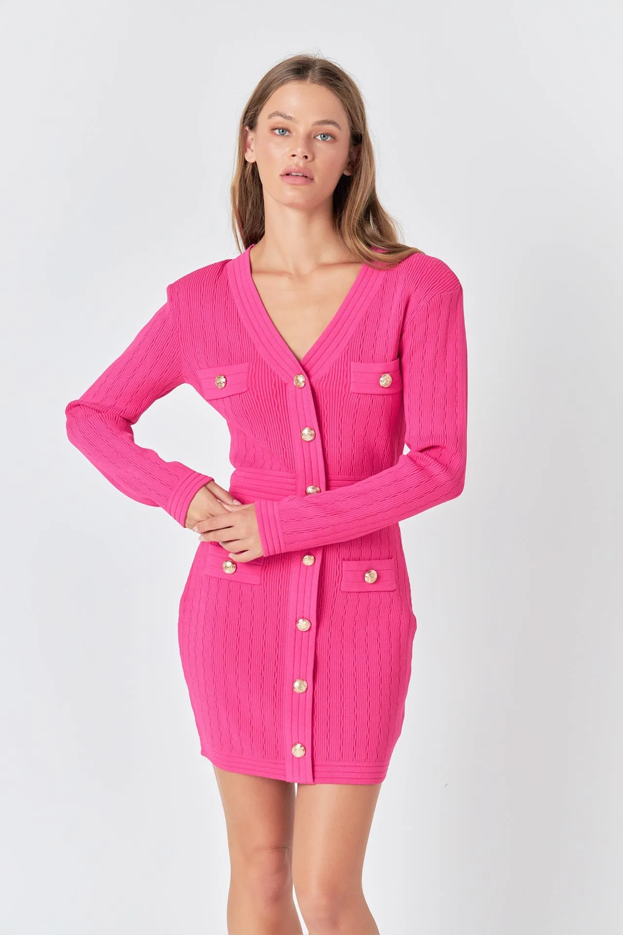 Endless Rose - V-neck Long Sleeve Knit Mini Dress