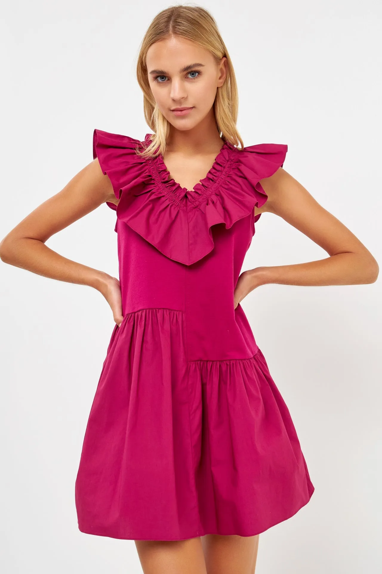 English Factory - Mixed Media Ruffle Detail Knit Dress