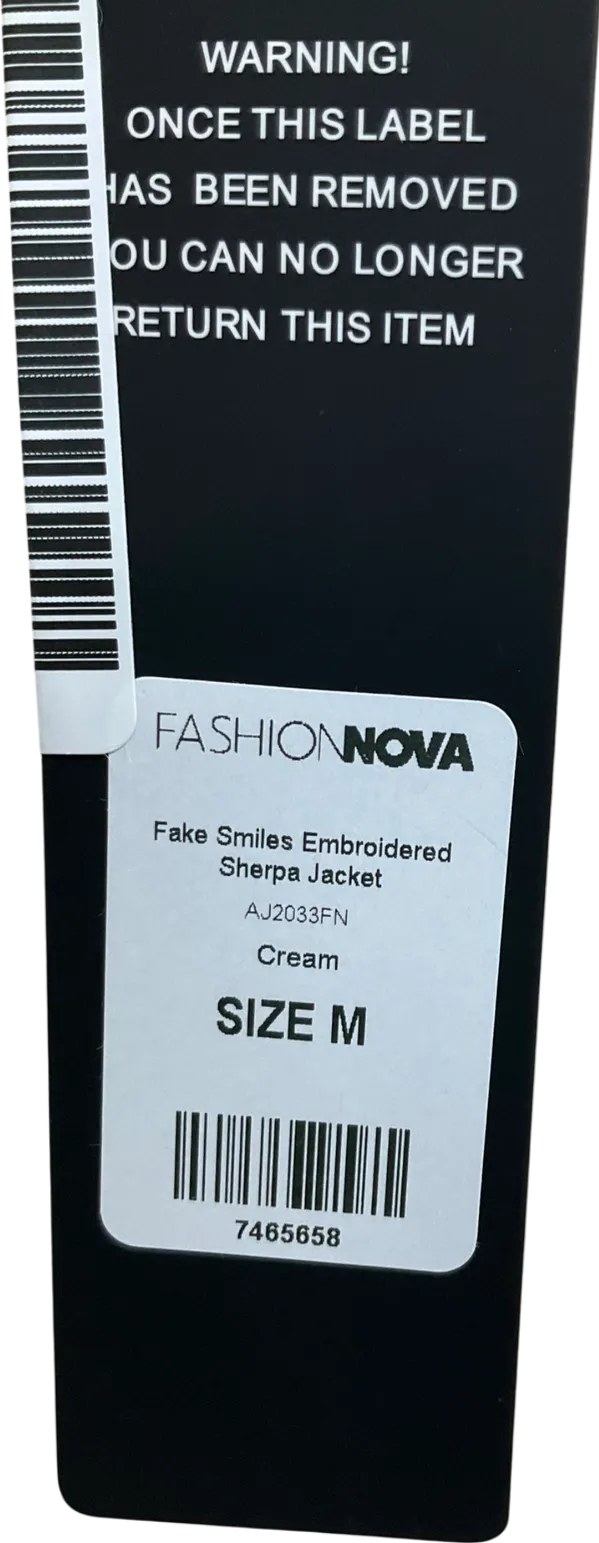 Fashion Nova Cream Fake Smiles Embroidered Sherpa Jacket UK M