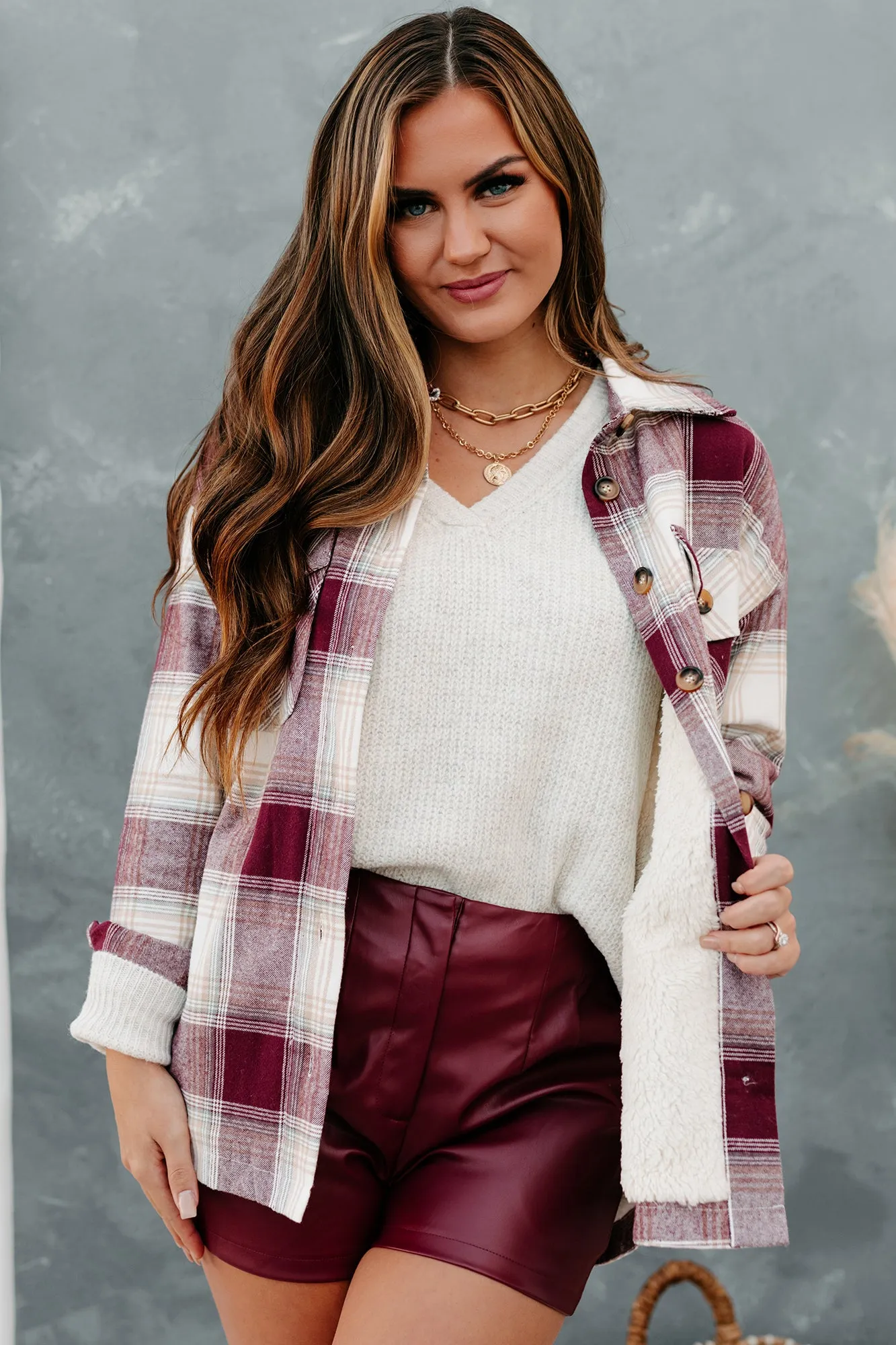 Feels Like Fall Plaid Sherpa Lined Shacket (Burgundy/Ivory)