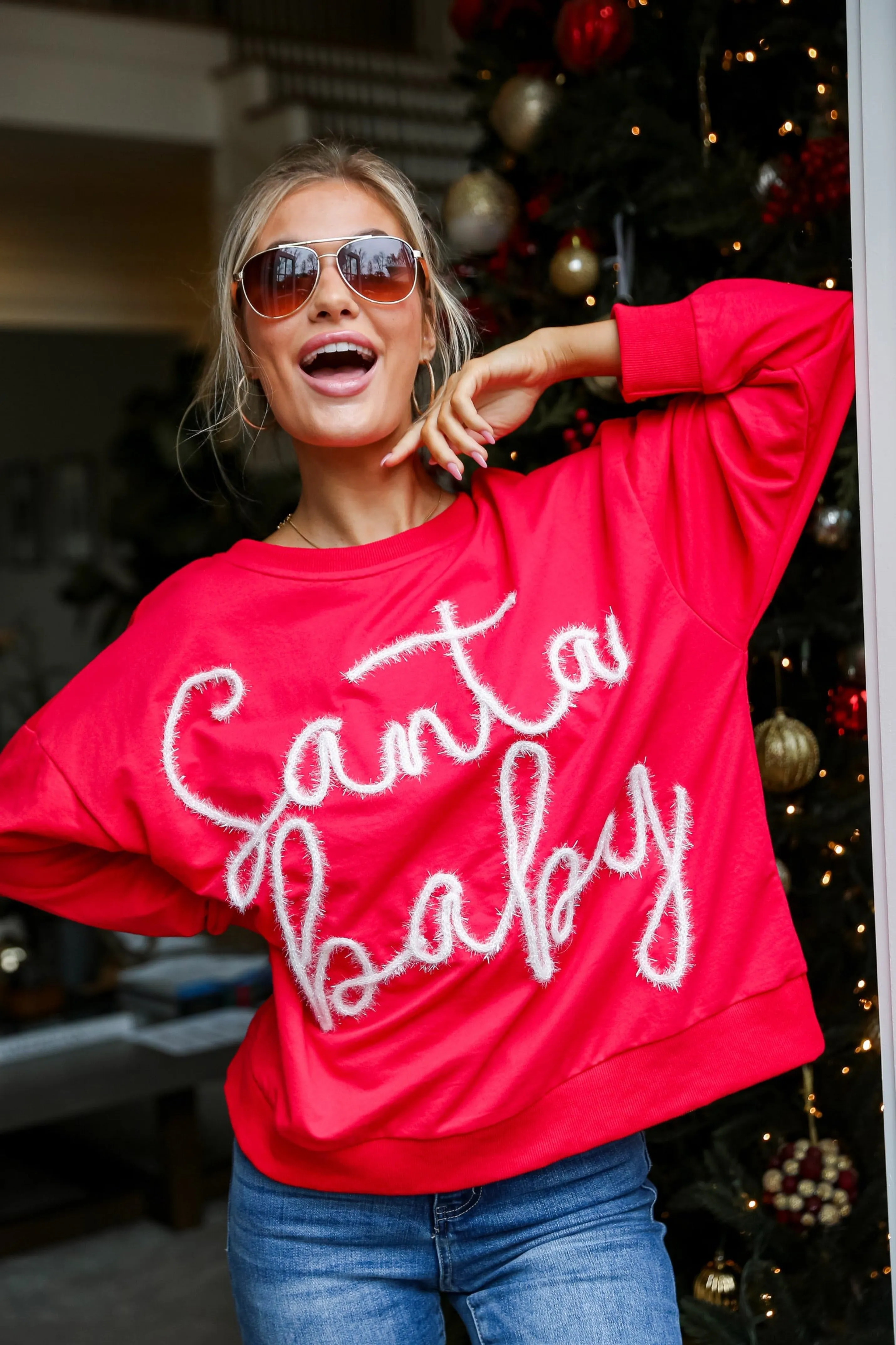 FINAL SALE - Red Santa Baby Metallic Letter Pullover