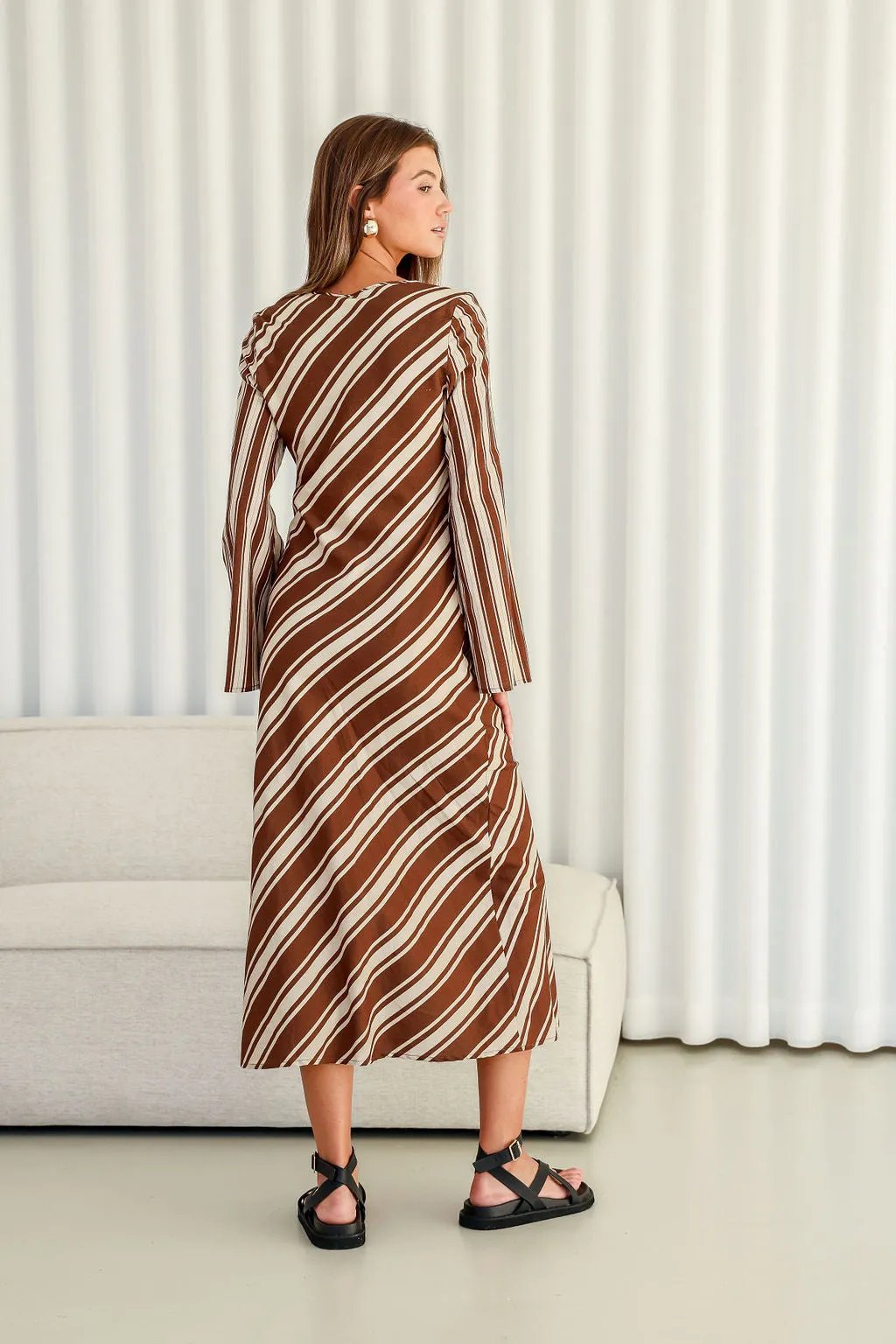 Flare Sleeve Stripe Maxi Dress - Chocolate/Cream