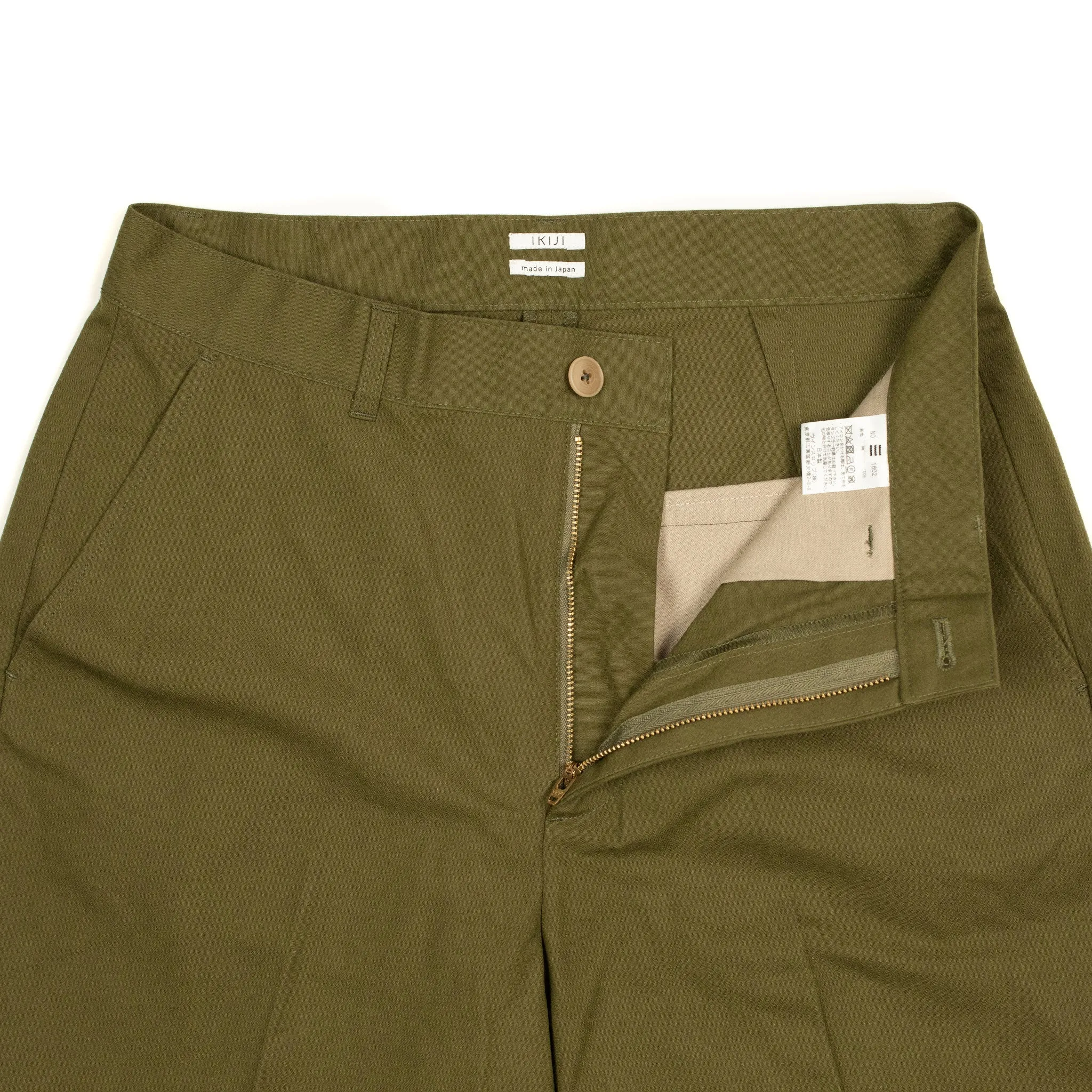 Flat front chinos in olive crisp high density cotton