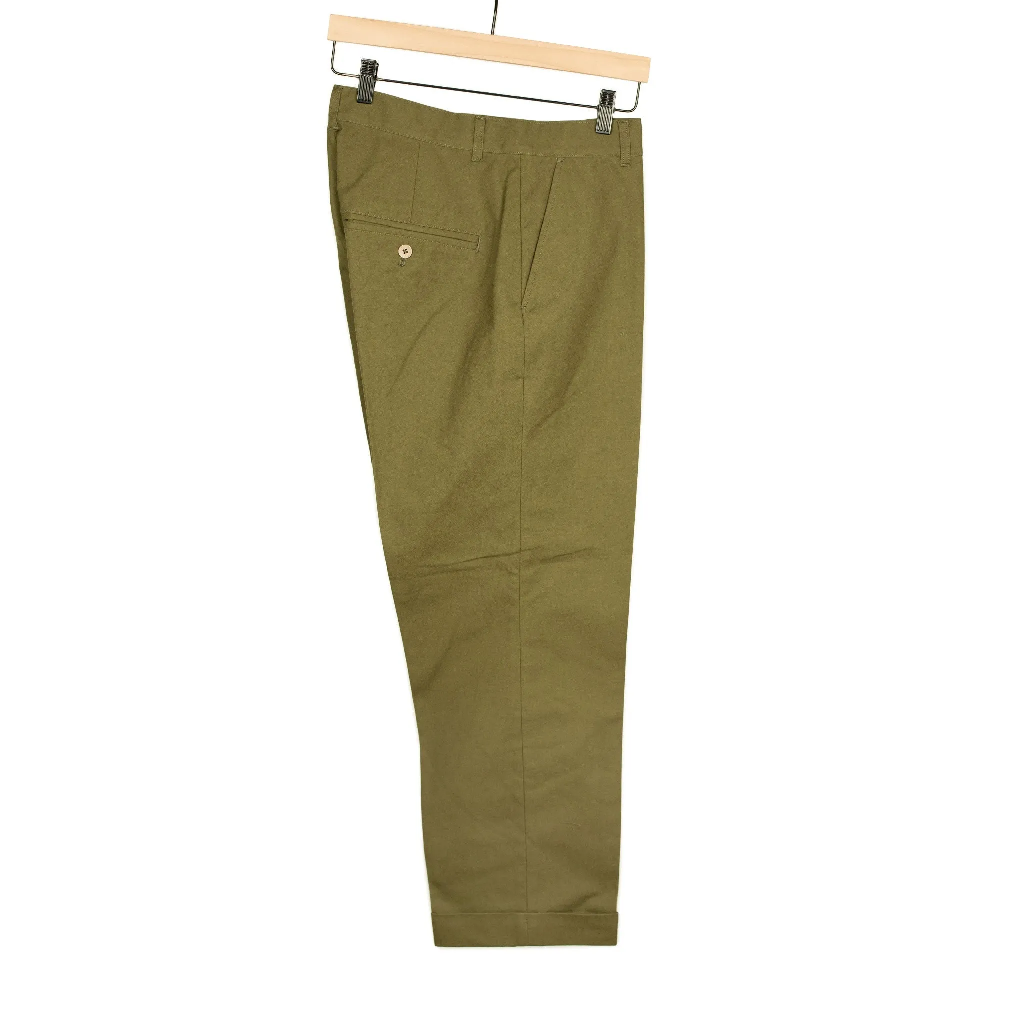 Flat front chinos in olive crisp high density cotton