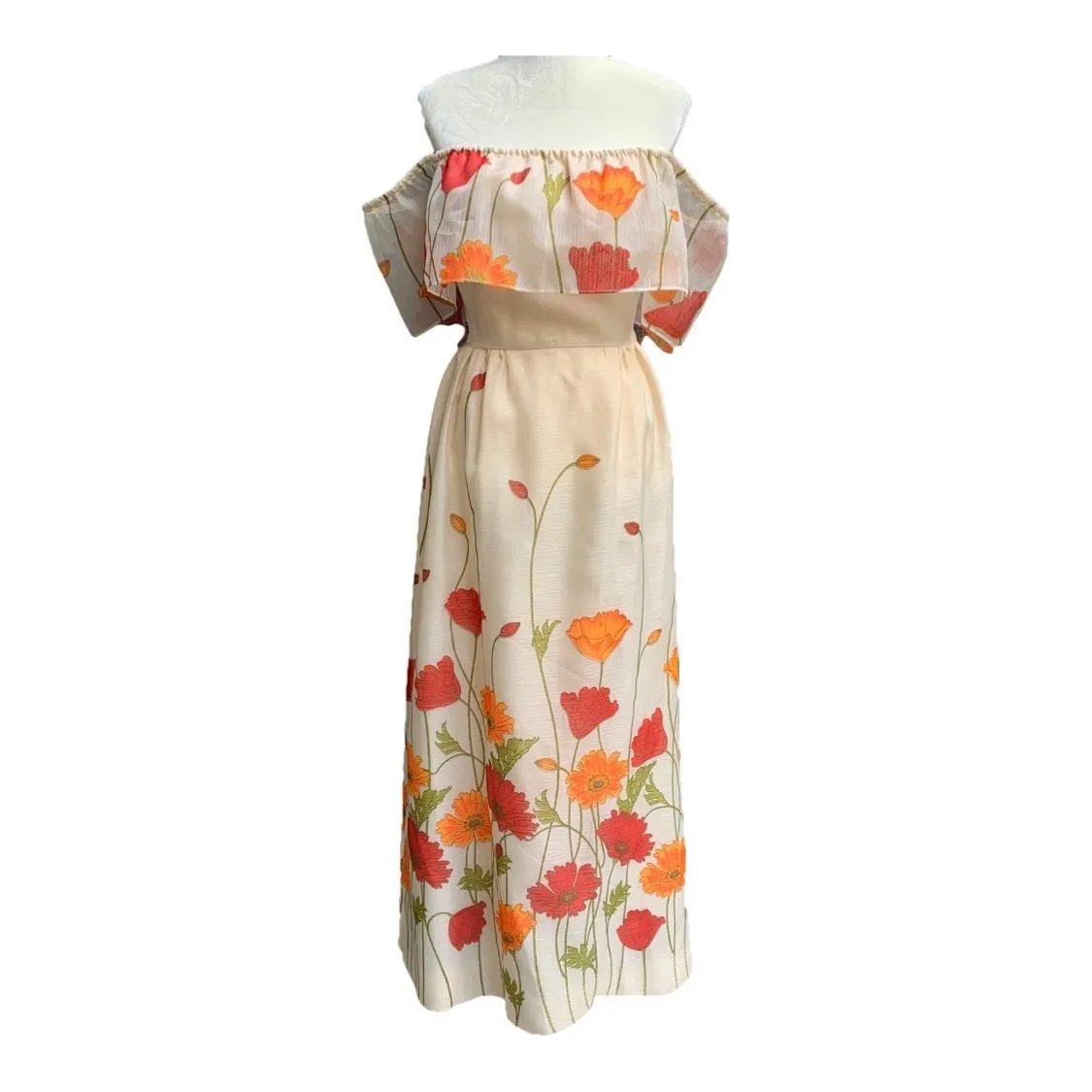 Floral Maxi Dress with Burnt Orange and Red Poppy Flowers  by Alfred Shaheen. Summer Dress