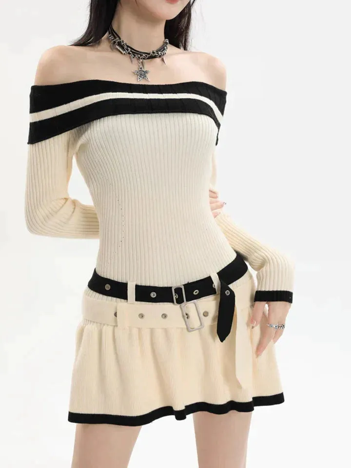 Flytonn- Off Shoulder Double Belt Knit Dress