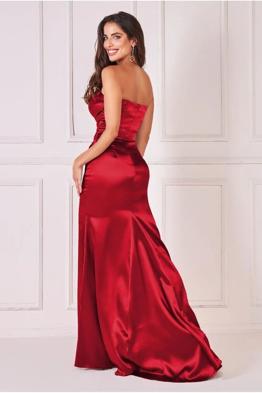 Goddiva Satin Bandeau Maxi Dress - Red