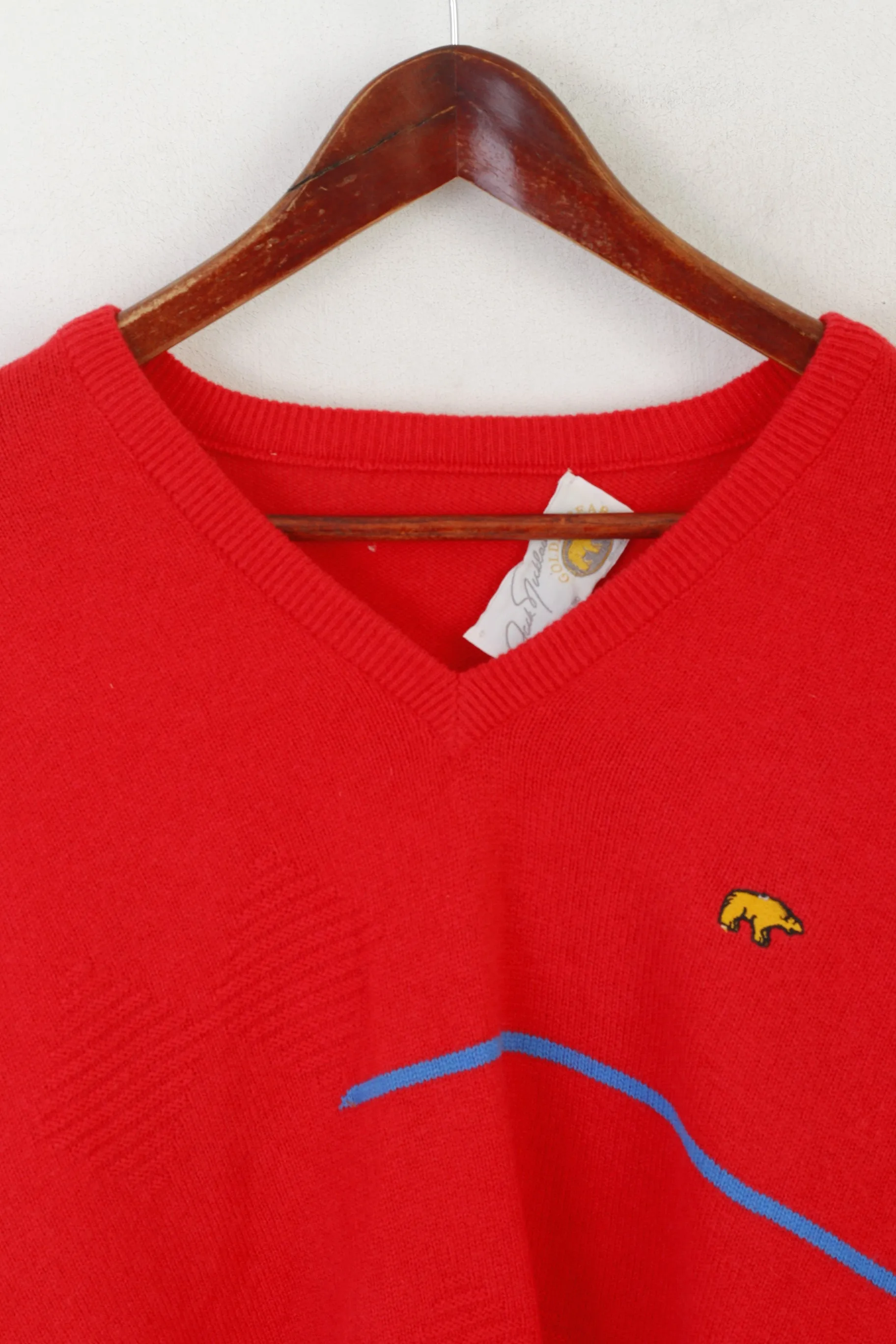 Golden Bear Jack Nicklaus Men 42 L Jumper Red Pure Wool V Neck Vintage Sweater