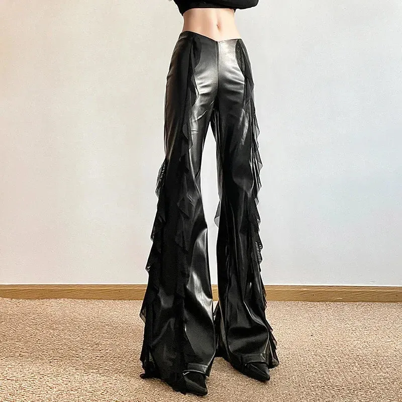 Gothic PU Flare Women Faux Casual Pants Zip Mesh Pants