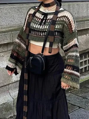 Grunge Fairycore Stripe Y2K Knitted Sweater Women Smock Top Loose Cropped Pullover Hollow Out Vintage Sun-Protection