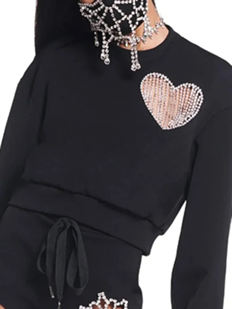 Hollow Out Plain Sweatshirt For Women Round Neck Loose Long Sleeve Patchwork Chain Heart Pullovers Female Fashion