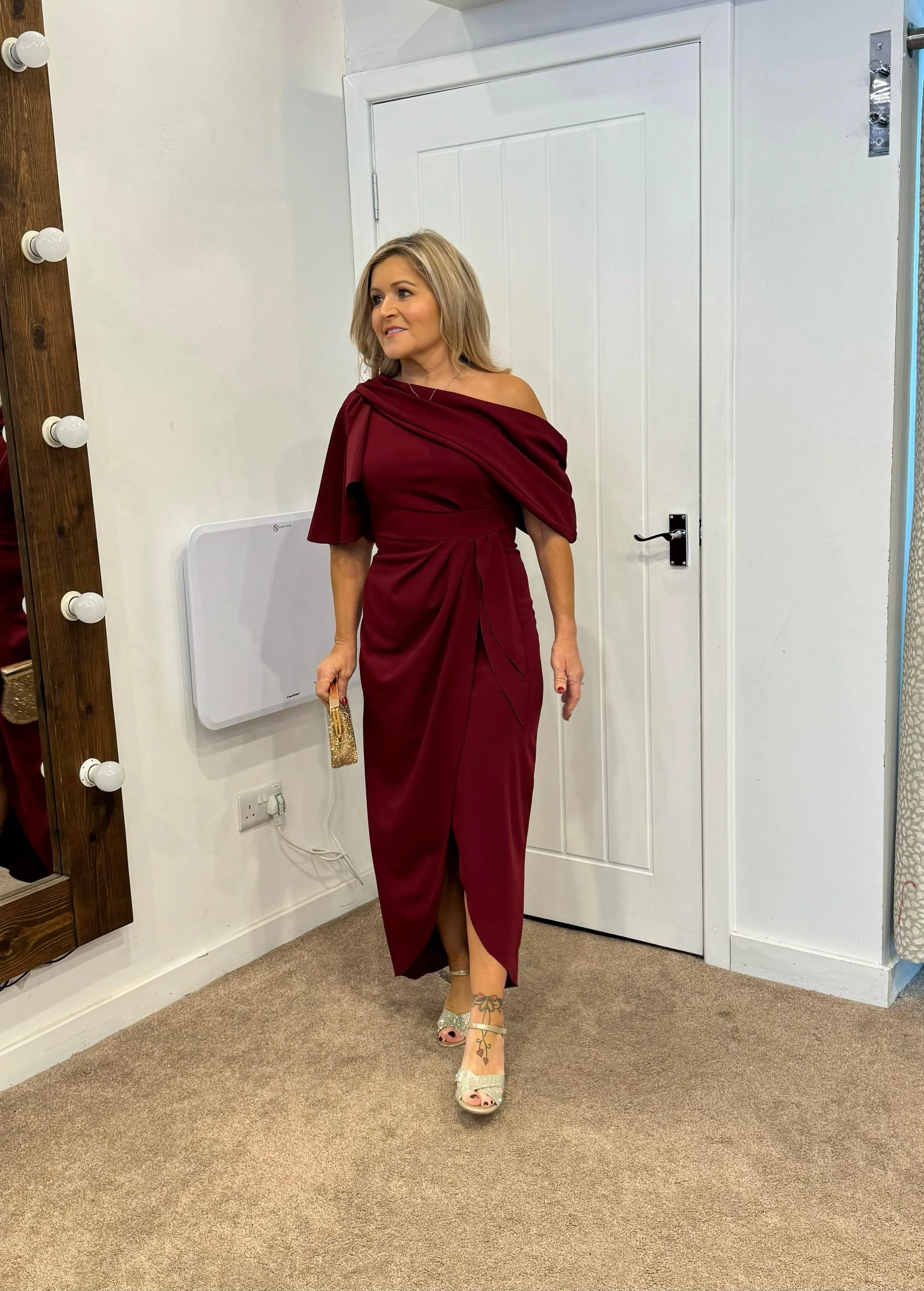 Holly Bardot on off shoulder dip hemline midi dress wine