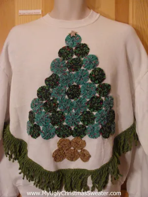 Homemade Christmas Sweatshirt Quilt Wheels Tree Fringe