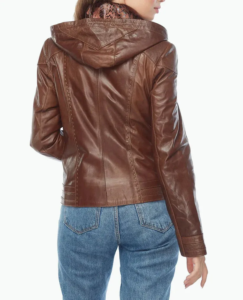 Hooded Brown Womens Leather Jacket