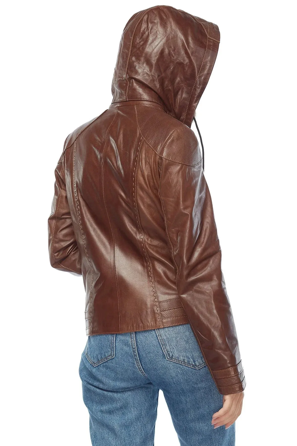 Hooded Brown Womens Leather Jacket