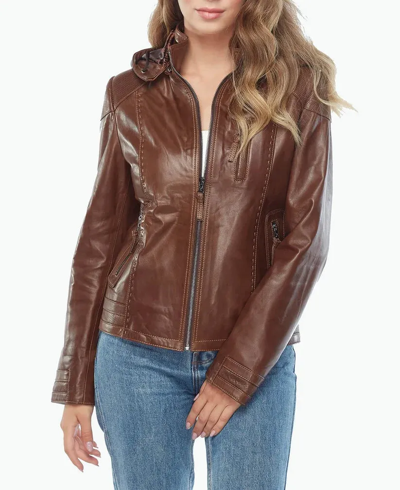 Hooded Brown Womens Leather Jacket