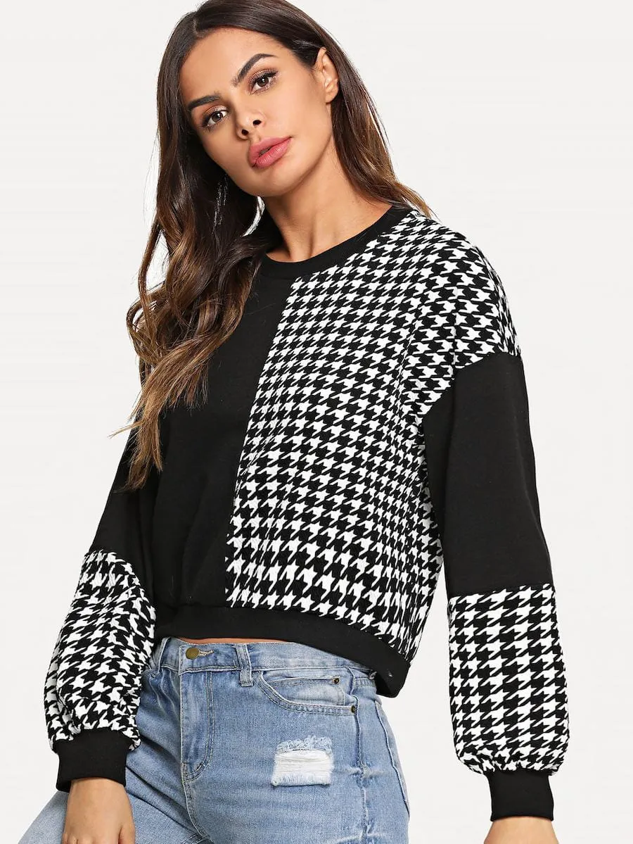 Houndstooth design long sleeve pullover sweatshirt