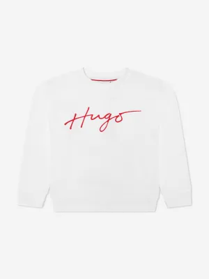 Hugo Boys Organic Cotton Logo Print Sweatshirt in White