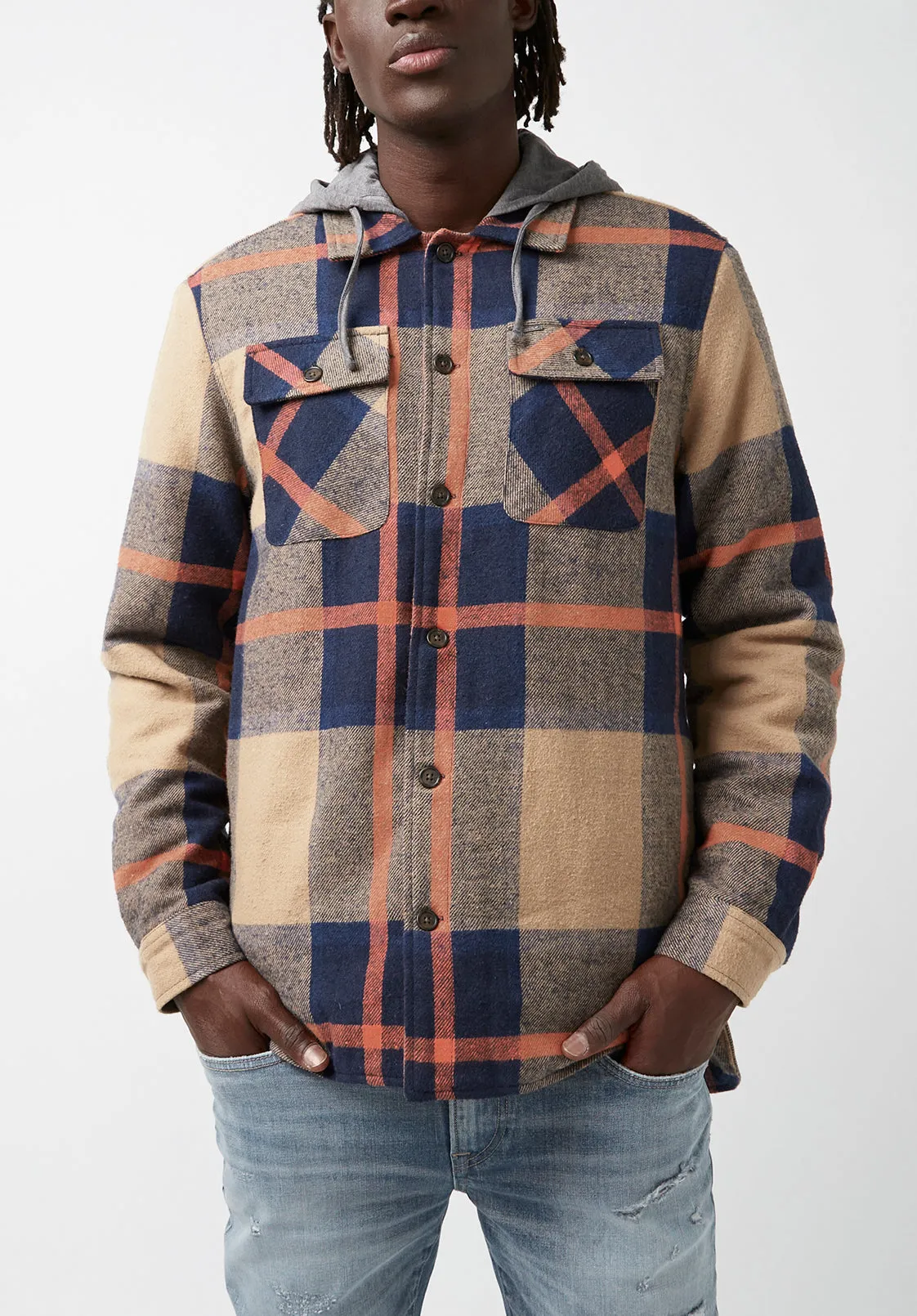 Jiref Men’s Hoodie Shacket in Tan & Navy Plaid - BM24048