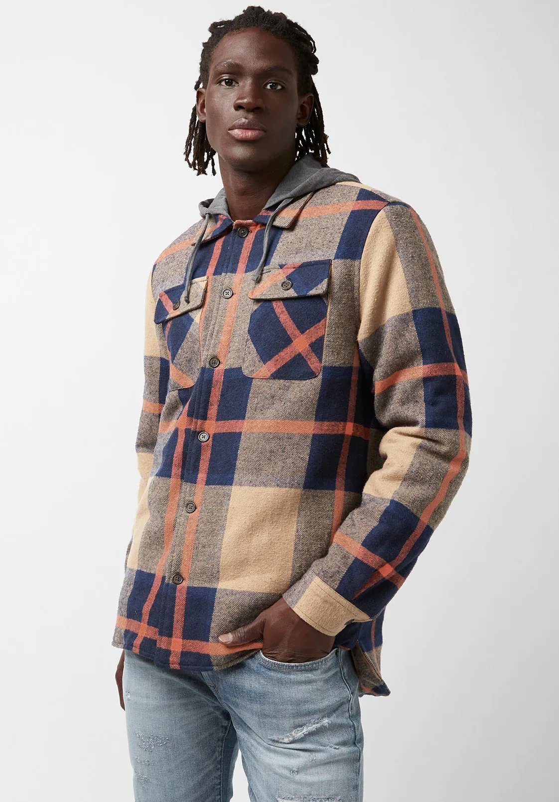 Jiref Men’s Hoodie Shacket in Tan & Navy Plaid - BM24048