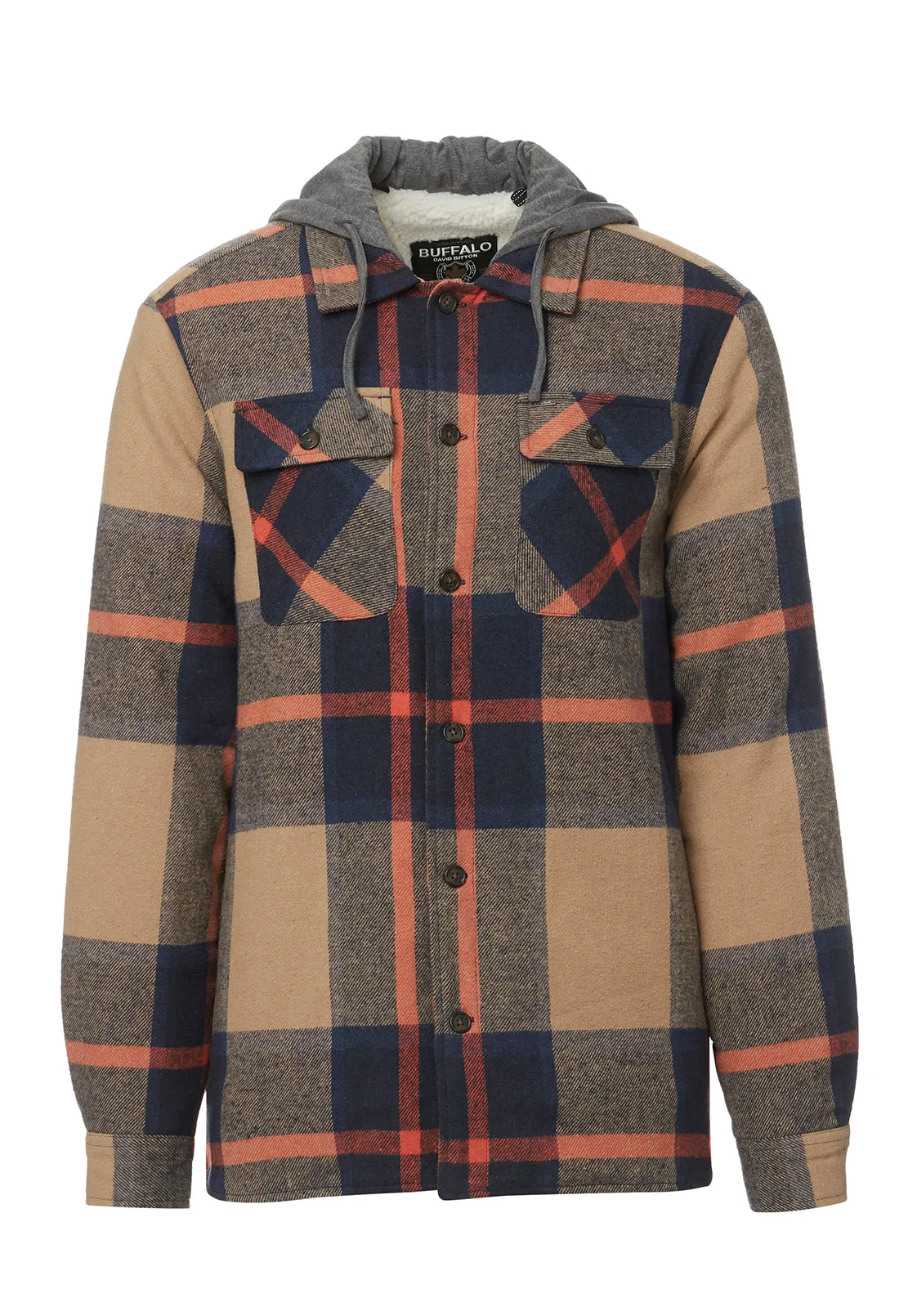 Jiref Men’s Hoodie Shacket in Tan & Navy Plaid - BM24048