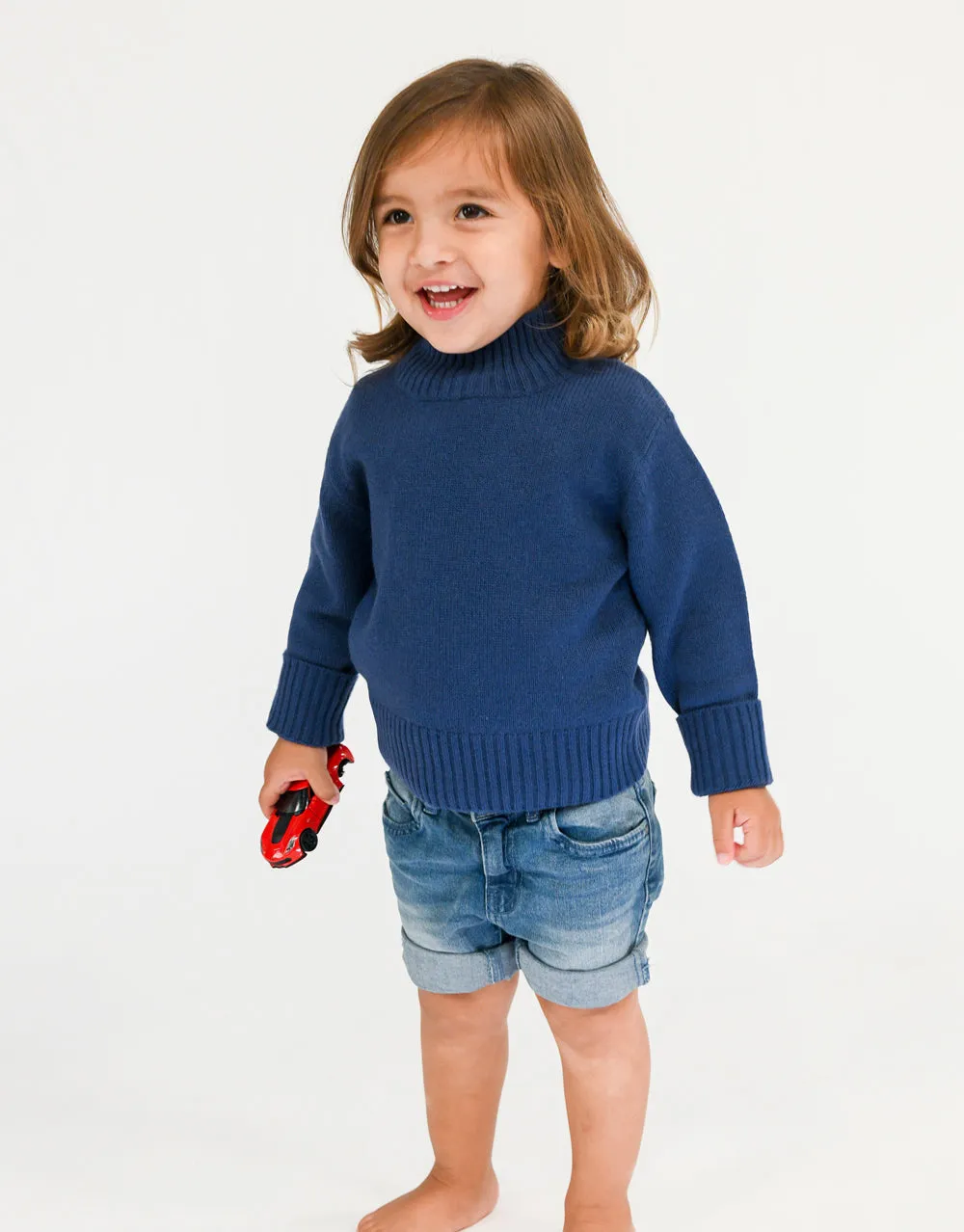 Kids Cashmere Chunky High Neck Jumper in Dark Denim