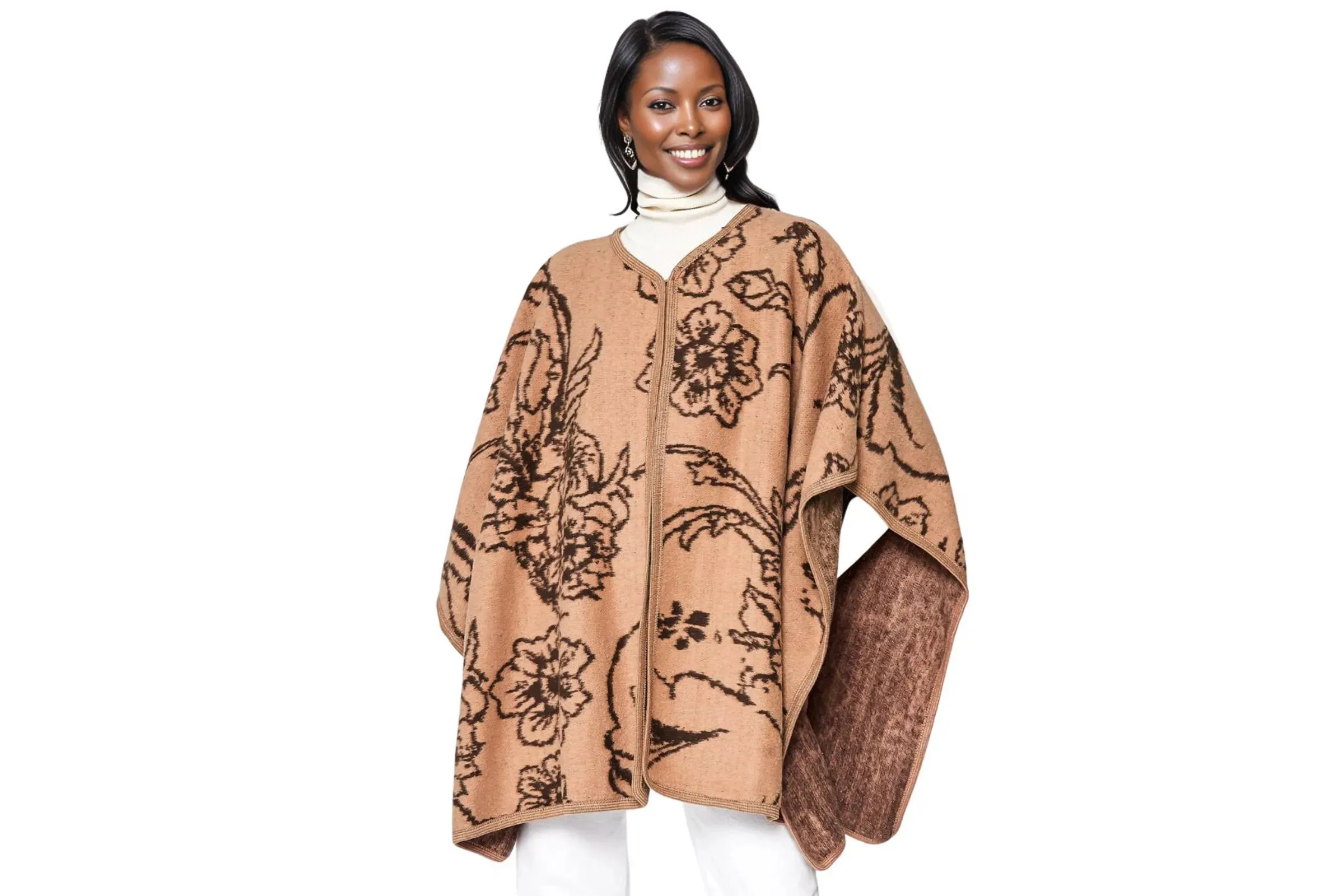 Kimono Ruana Acrylic Camel Flower Knit For Women