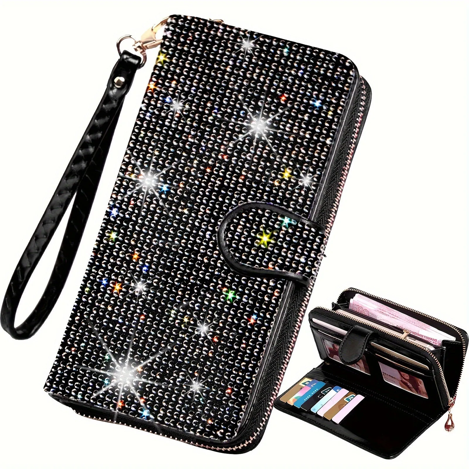 Large Capacity Rhinestone Wristlet Clutch Wallet - Spacious Interior with Multiple Credit Card Slots and Dazzling Rhinestone Embellishments - Stylish and Luxurious Purse for Women with a Sparkling Bling Design