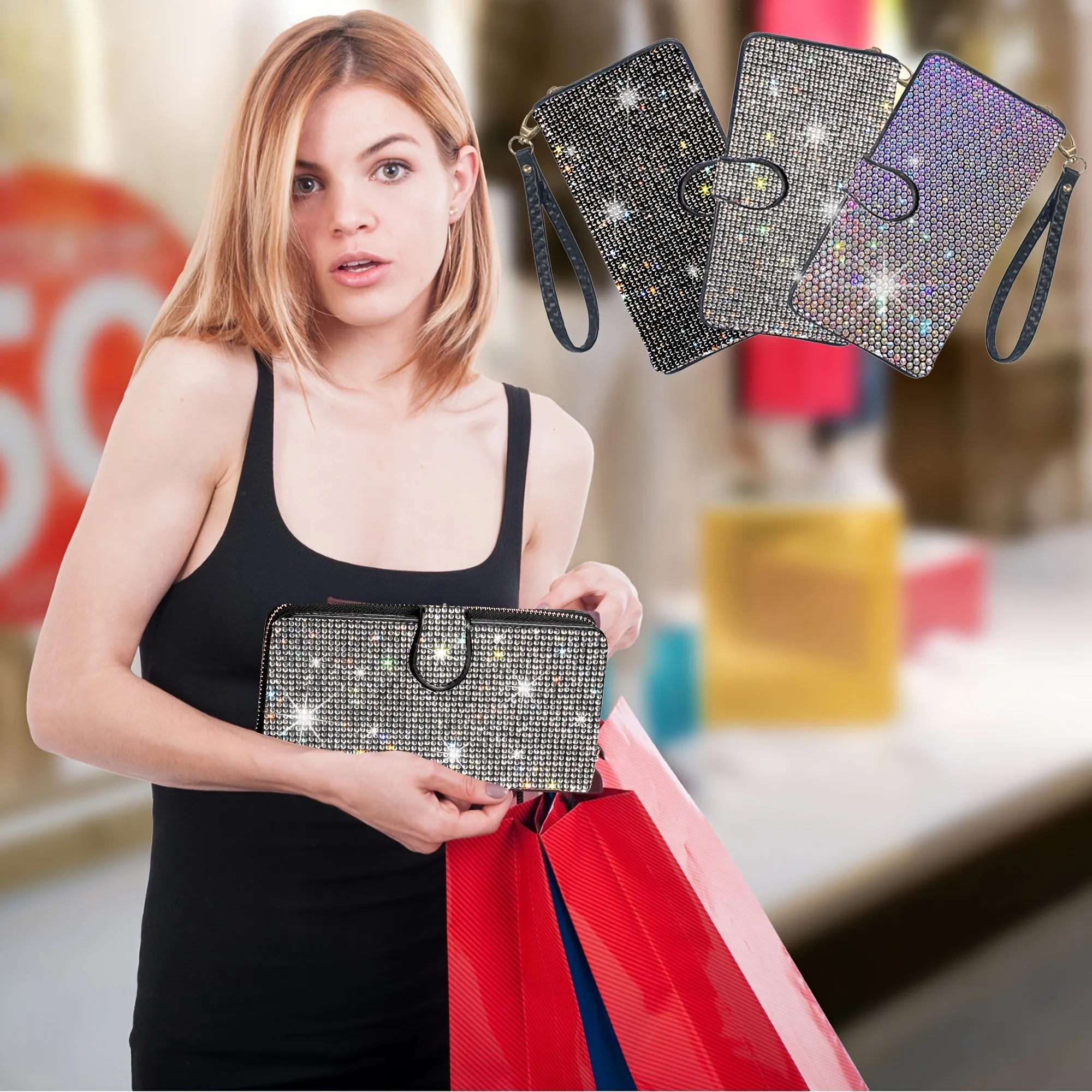 Large Capacity Rhinestone Wristlet Clutch Wallet - Spacious Interior with Multiple Credit Card Slots and Dazzling Rhinestone Embellishments - Stylish and Luxurious Purse for Women with a Sparkling Bling Design