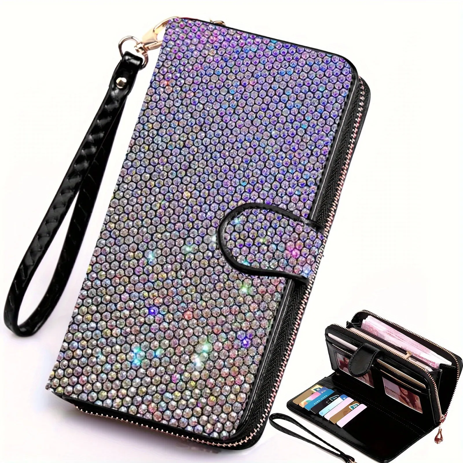 Large Capacity Rhinestone Wristlet Clutch Wallet - Spacious Interior with Multiple Credit Card Slots and Dazzling Rhinestone Embellishments - Stylish and Luxurious Purse for Women with a Sparkling Bling Design