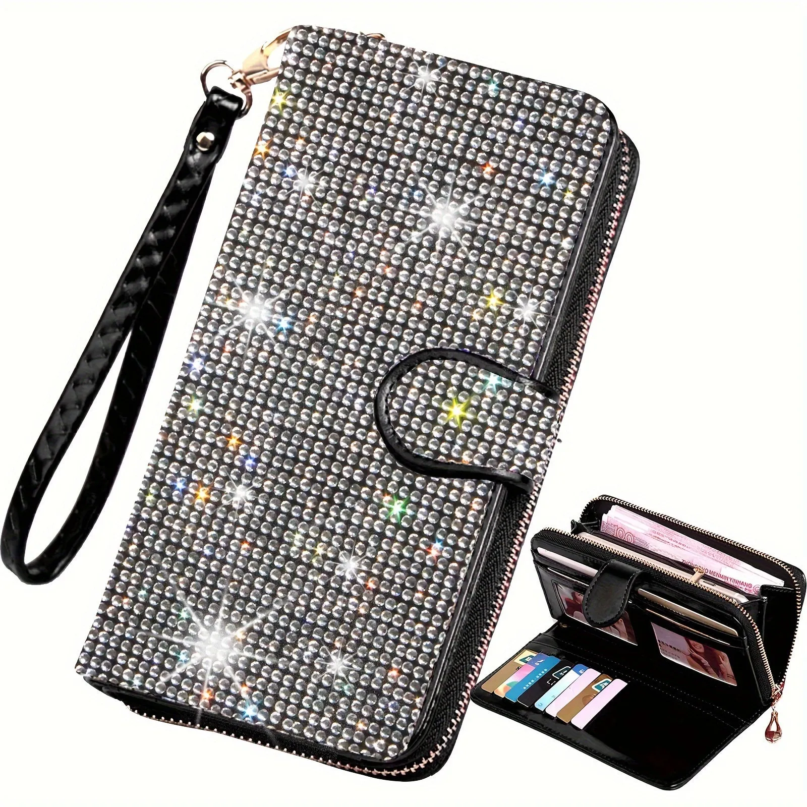 Large Capacity Rhinestone Wristlet Clutch Wallet - Spacious Interior with Multiple Credit Card Slots and Dazzling Rhinestone Embellishments - Stylish and Luxurious Purse for Women with a Sparkling Bling Design