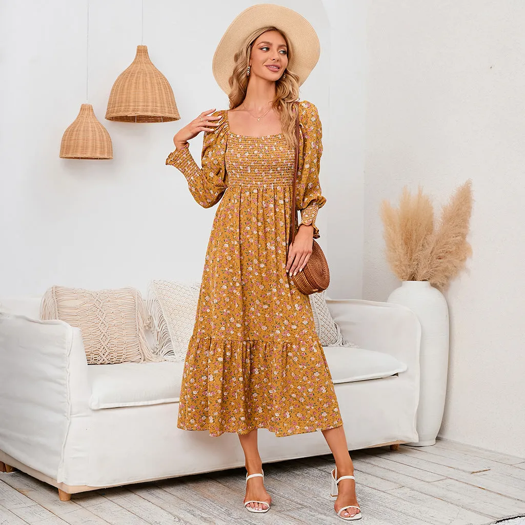 Long Sleeve Chiffon Square Neck Floral Dress